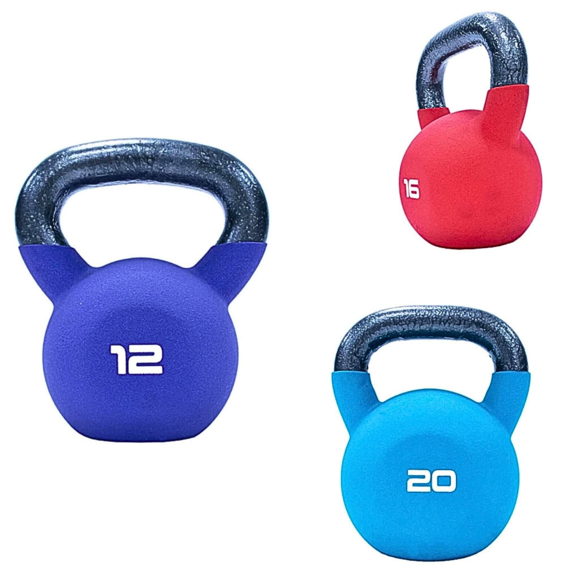 Jordan Fitness Neoprene Covered Kettlebell set of 3. 12kg, 16kg, 20kg