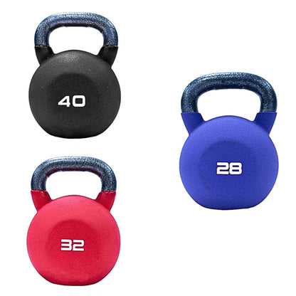 Jordan Fitness Neoprene Covered Kettlebell set of 3. 28kg, 28kg, 40kg 