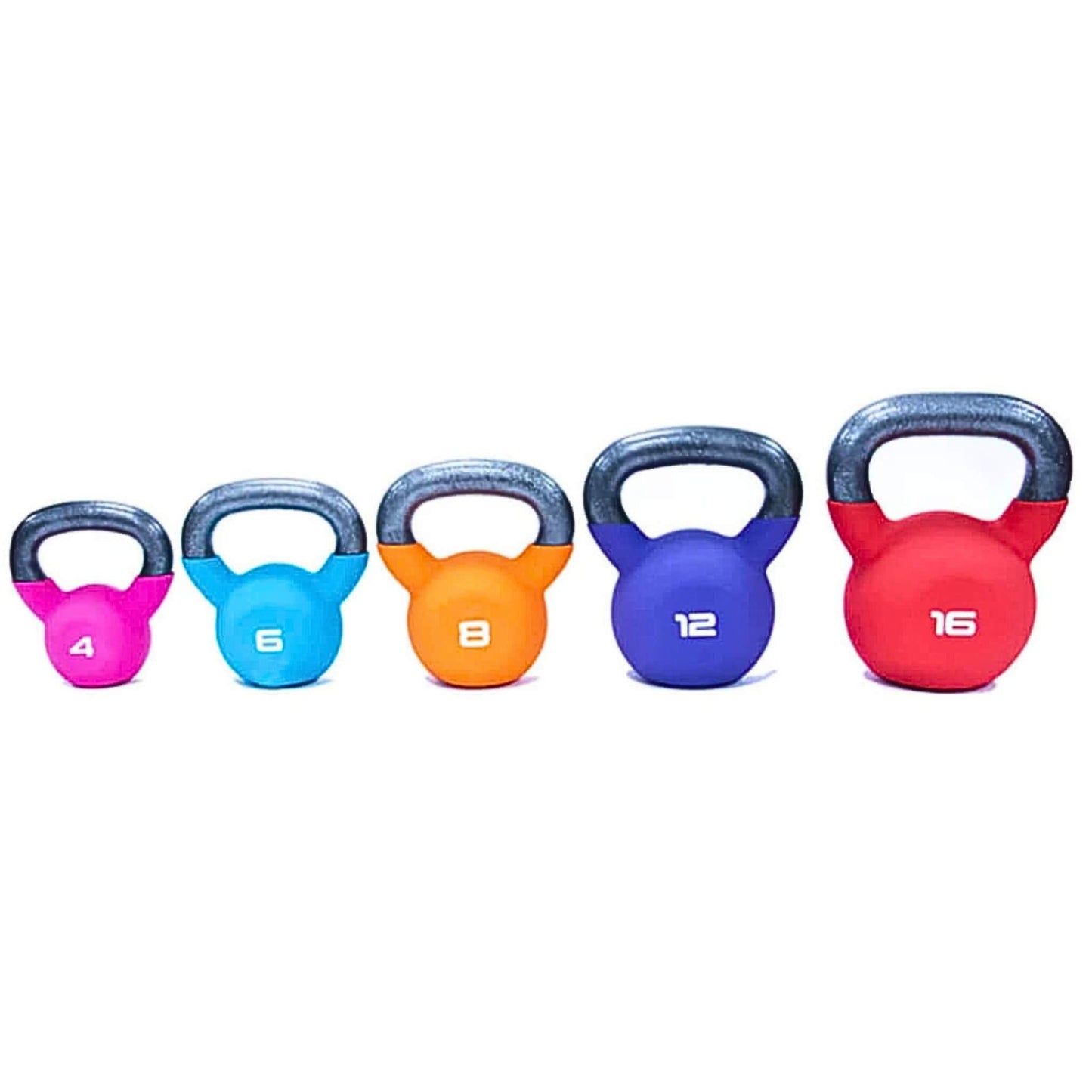 Jordan Fitness Neoprene Covered Kettlebell set of 5. 4kg, 6kg, 8kg, 12kg, 16kg