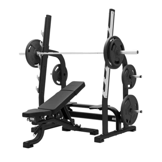 Jordan Fitness Olympic Adjustable Multi Bench Seven adjustment levels ranging from -5° to 80°, catering to flat, incline, and decline positions. This multi-bench is your go-to for many exercises, including incline/decline bench press, shoulder press, and reverse grip bench press.