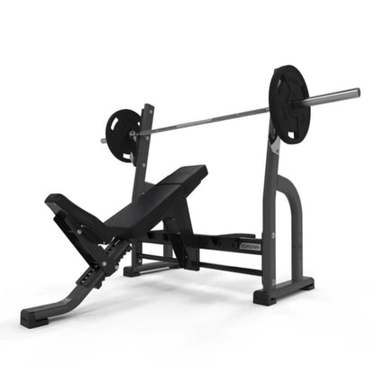 Jordan Fitness Olympic Incline Bench in grey is perfect for various barbell exercises that engage the upper pectorals and shoulders
