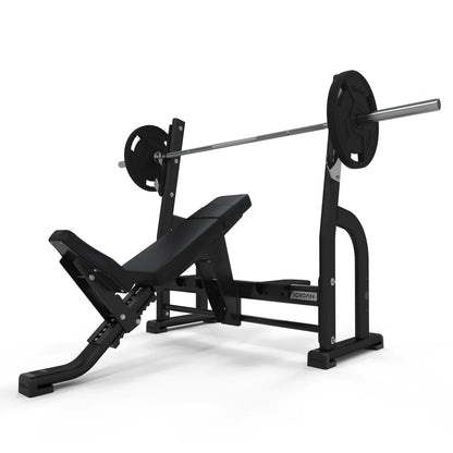 Jordan Fitness Olympic Incline Bench in black is perfect for various barbell exercises that engage the upper pectorals and shoulders