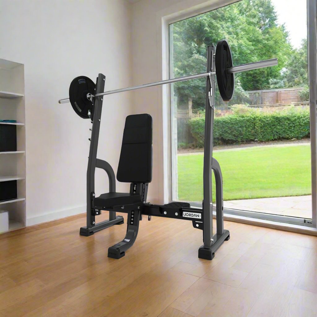 Jordan Fitness Olympic Shoulder Press Bench - Grey - In a home gym setting