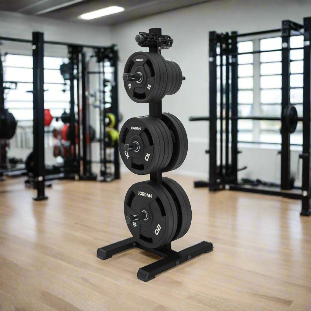 Jordan Fitness Olympic Weight Tree-Black with plate weight on . In gym setting