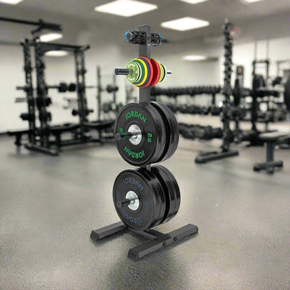 Jordan Fitness Olympic Weight Tree-Black with plate weigths on In a gym setting