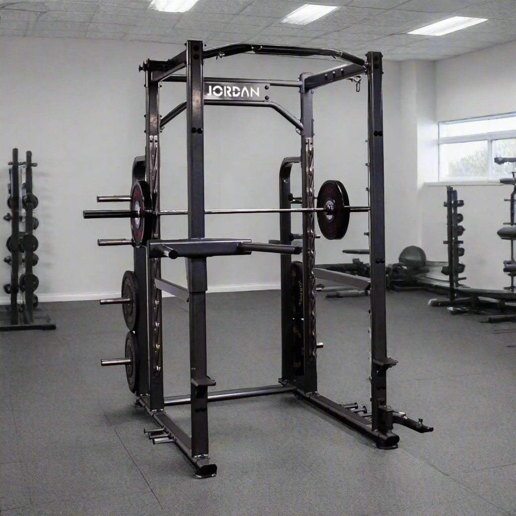 Jordan Fitness Power Rack with Attachments - black with weights in gym setting