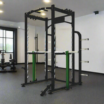 Jordan Fitness Power Rack with Attachments - black in a gym setting