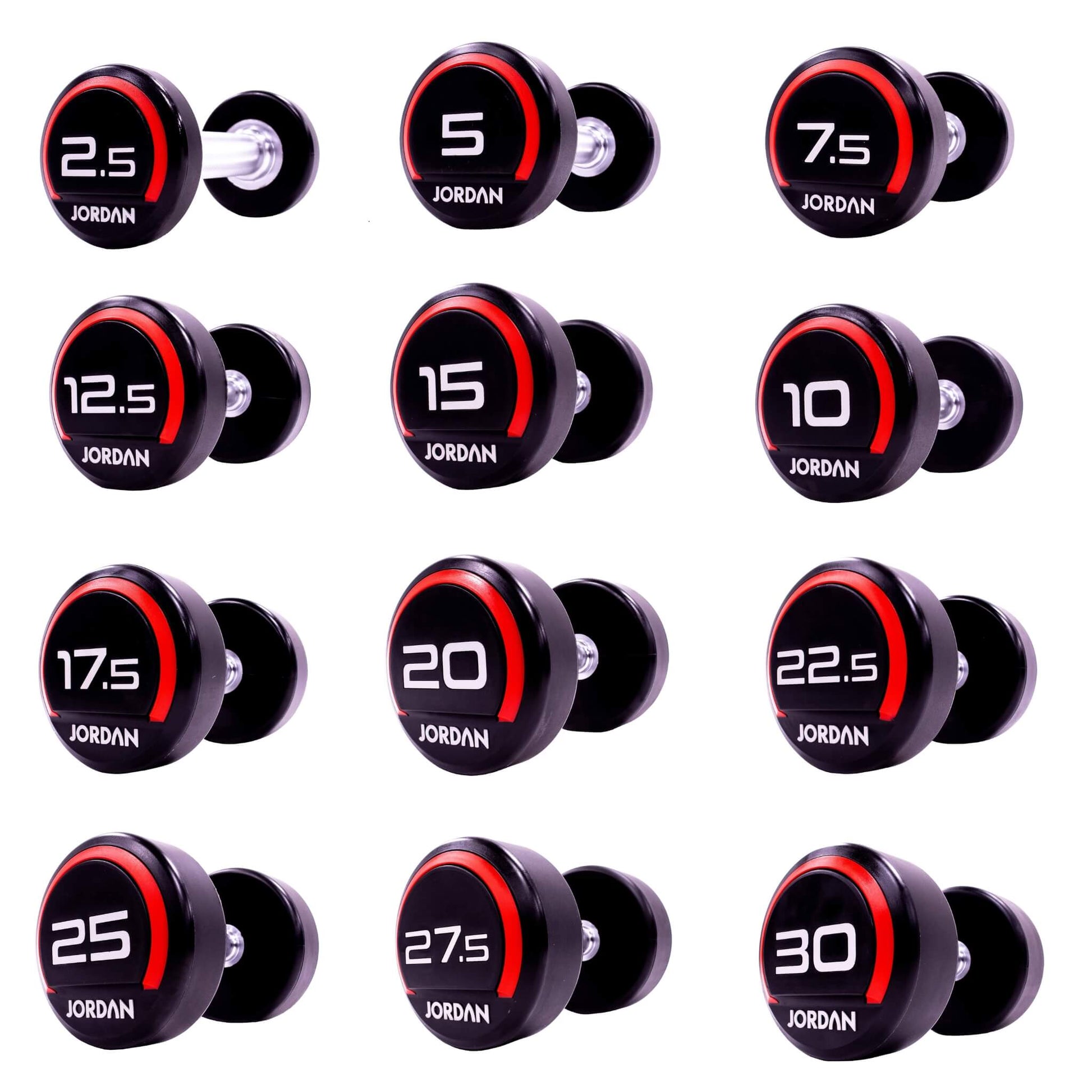 Jordan Fitness Rubber Dumbbells - Red -2.5kg-30kg - 2.5kg increments - 12 Pairs