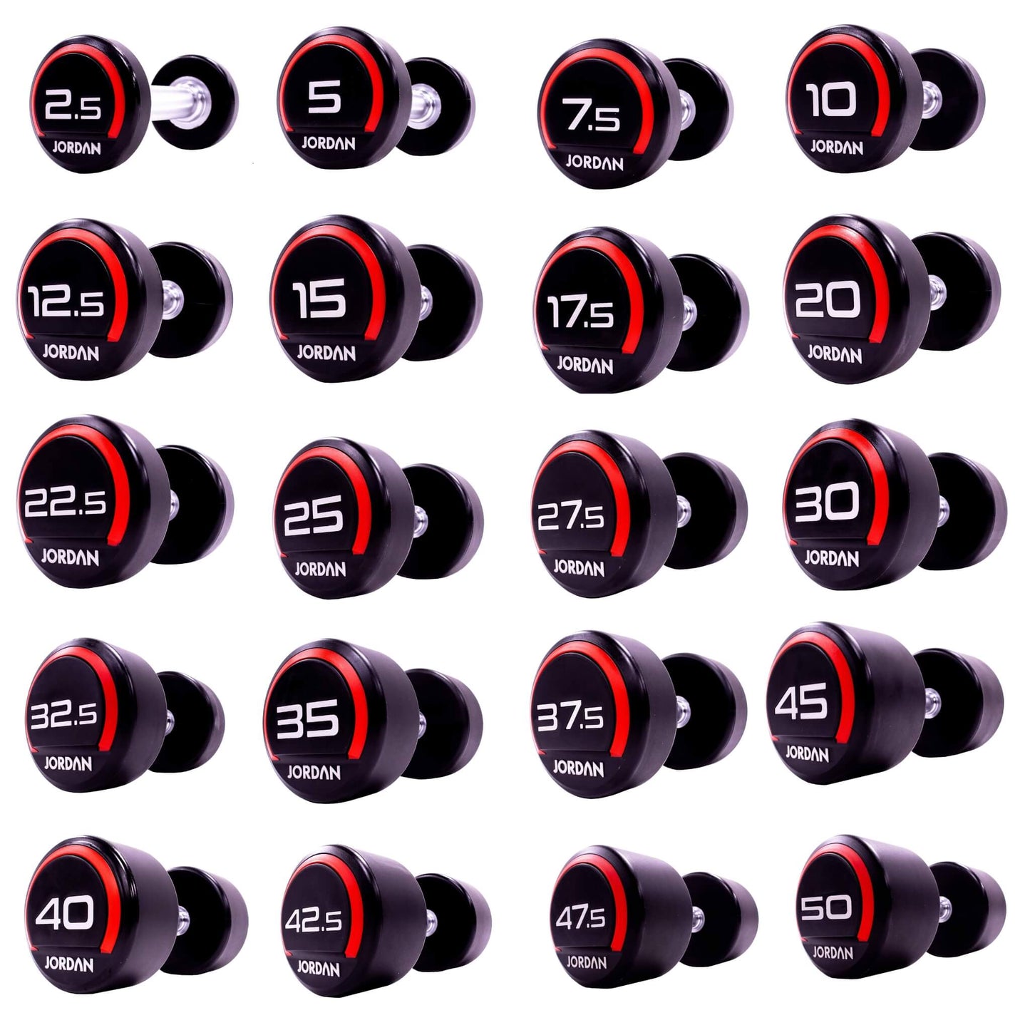 Jordan Fitness Rubber Dumbbells - Red - 2.5kg-50kg (2.5kg increments/ 20 Pairs)