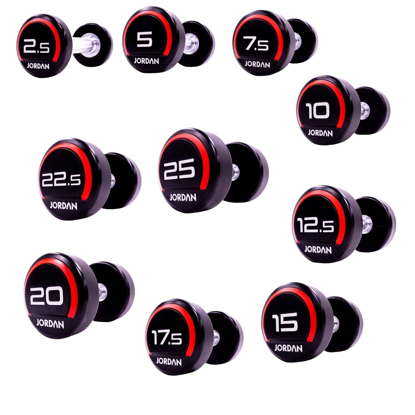 Jordan Fitness Rubber Dumbbells - Red - 2.5kg-25kg - 10 pair