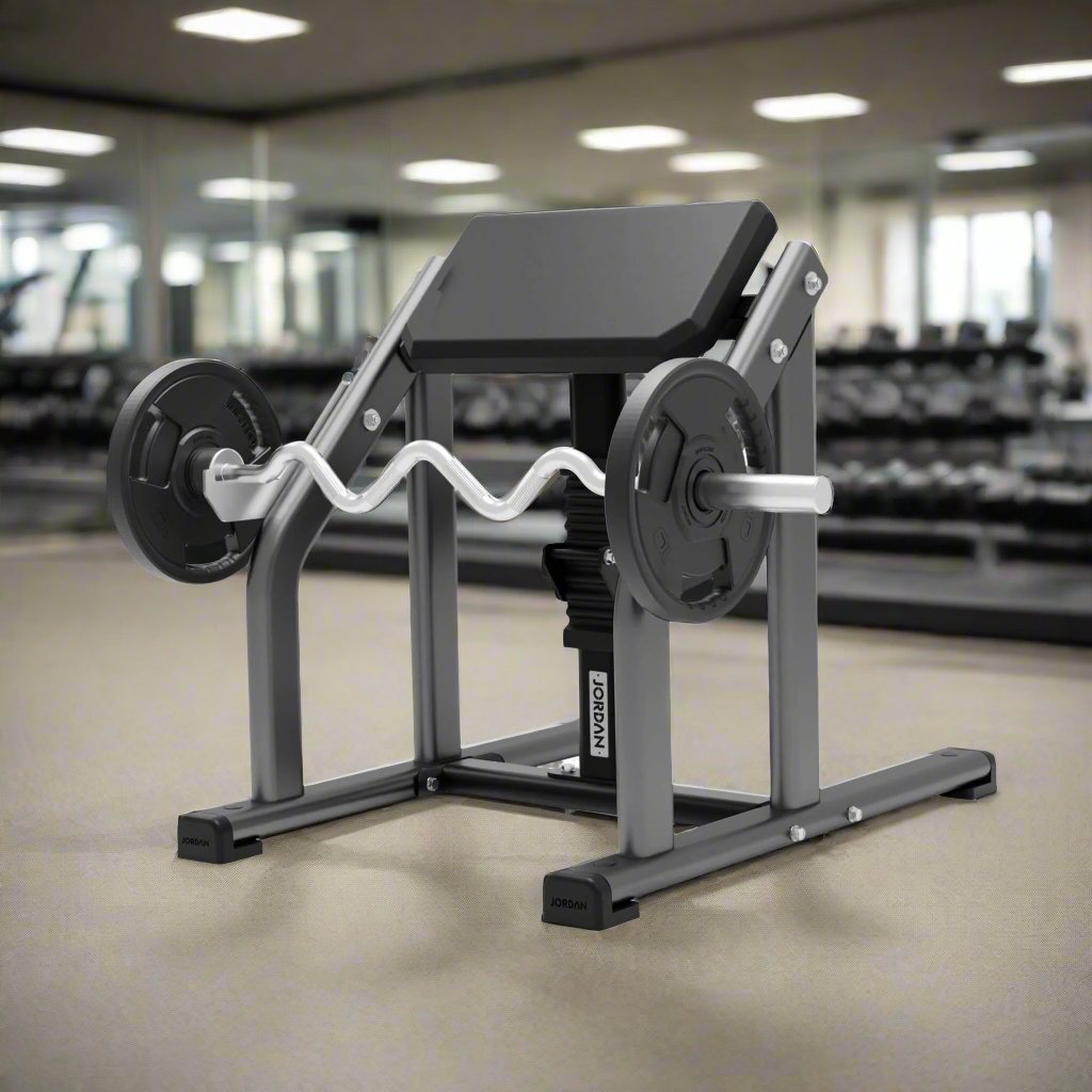 Jordan Fitness Seated Preacher Curl Bench in the colour Black in a gym setting