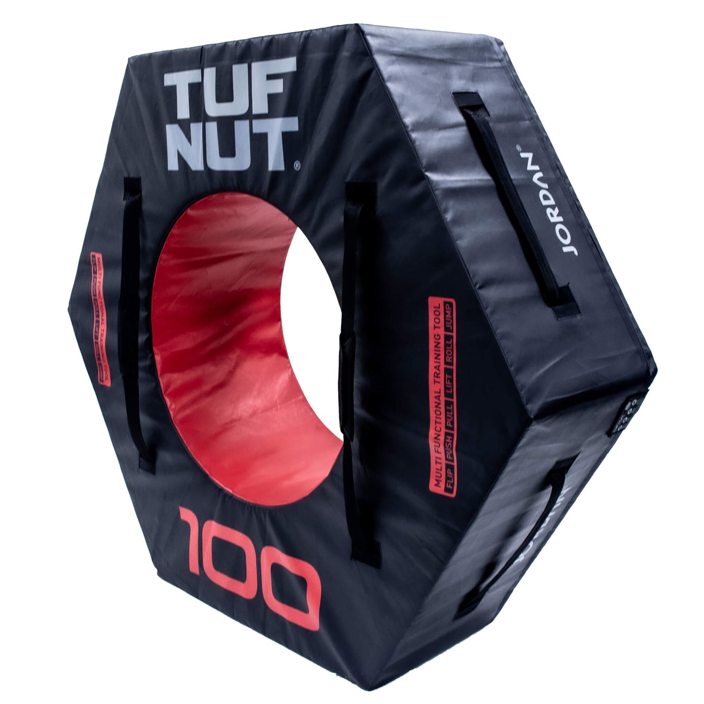 Jordan Fitness TufNut 100kg Ree TufNut’s hexagonal design provides complete control and offers a variety of workout challenges. It can be used for jumping, flipping, rolling, lifting, pushing, pulling, and walking. Angle view