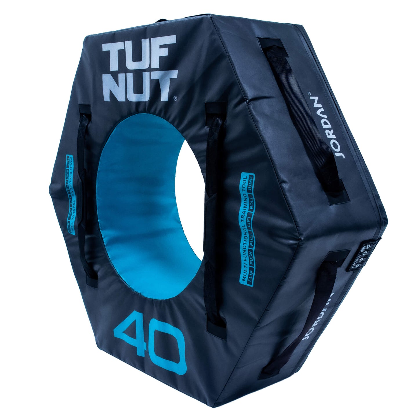 Jordan Fitness TufNut 40kg Teal  TufNut’s hexagonal design provides complete control and offers a variety of workout challenges. It can be used for jumping, flipping, rolling, lifting, pushing, pulling, and walking.
angle view