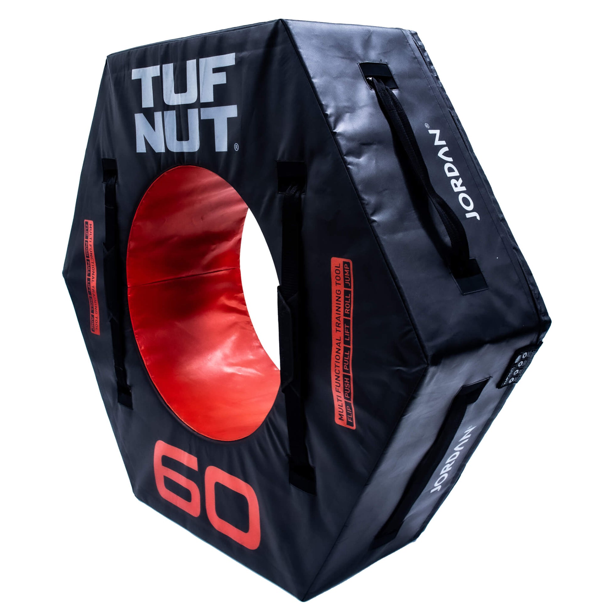 Jordan Fitness TufNut 60kg Orange TufNut’s hexagonal design provides complete control and offers a variety of workout challenges. It can be used for jumping, flipping, rolling, lifting, pushing, pulling, and walking. Angle view