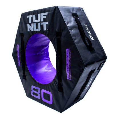 Jordan Fitness TufNut 80kg Purple TufNut’s hexagonal design provides complete control and offers a variety of workout challenges. It can be used for jumping, flipping, rolling, lifting, pushing, pulling, and walking. Angle view