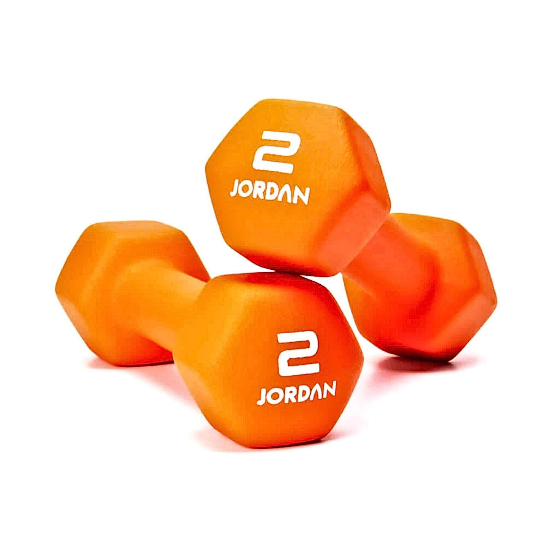 Jordan Neoprene Studio Hex Dumbbell pair in the colour orange at 2kg