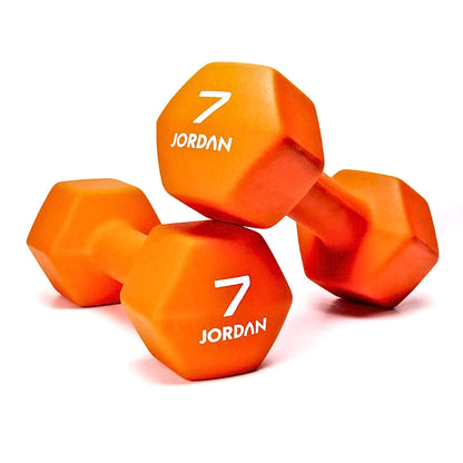 Jordan Neoprene Studio Hex Dumbbell pair in the colour Orange at 7kg