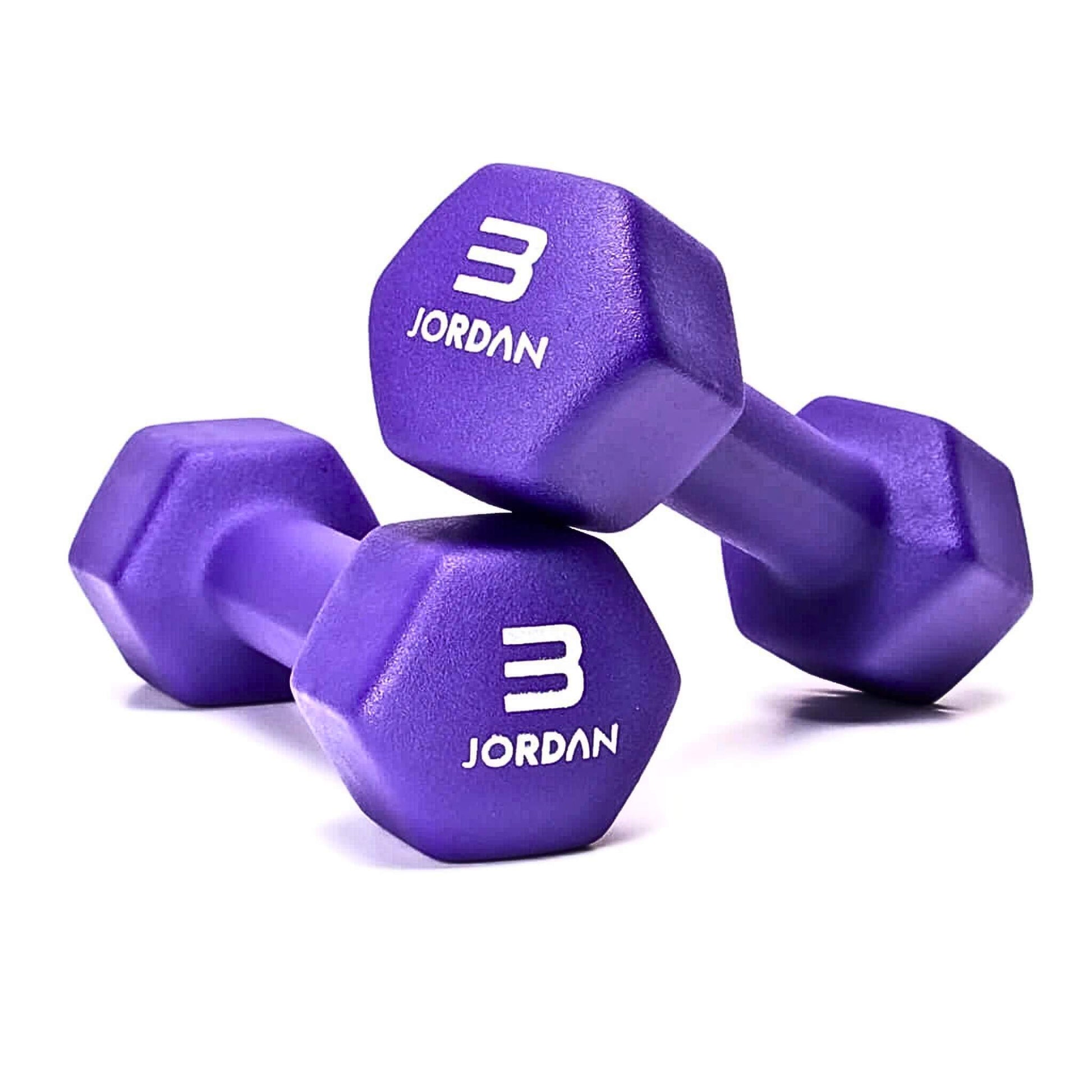 Jordan Neoprene Studio Hex Dumbbell pair in the colour purple at 3kg