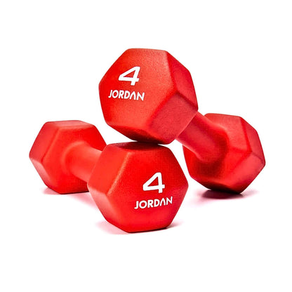 Jordan Neoprene Studio Hex Dumbbell pair in the colour red at 4kg