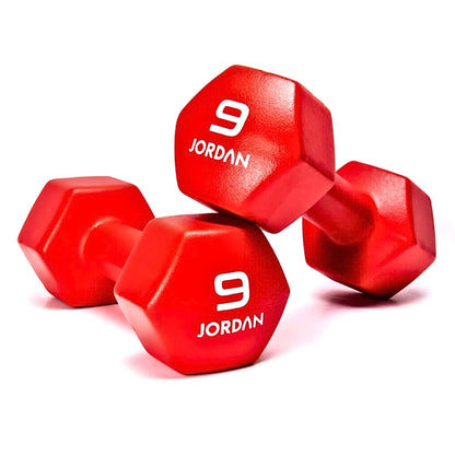 Jordan Neoprene Studio Hex Dumbbell pair in the colour red at 9kg