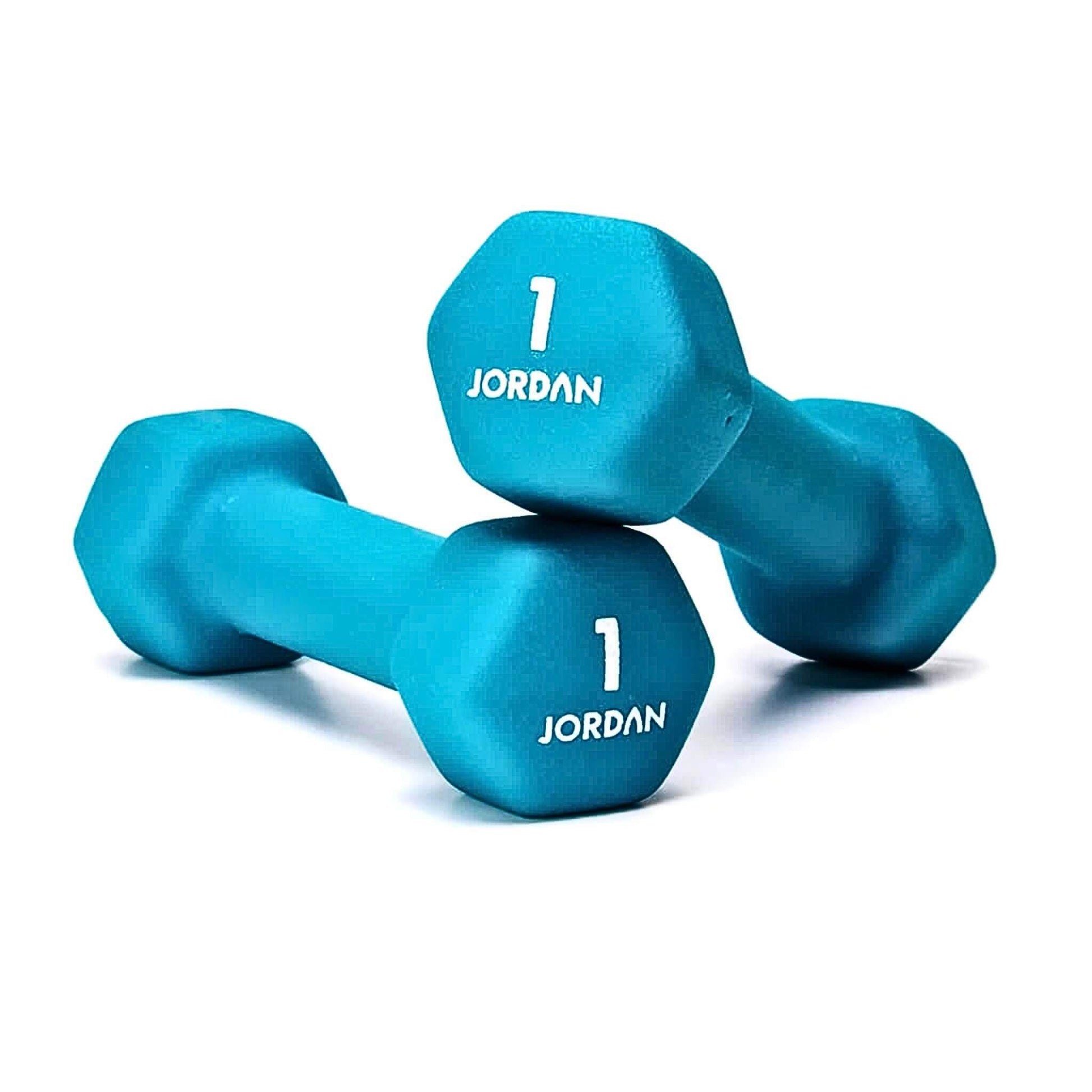 Jordan Neoprene Studio Hex Dumbbell pair in the colour teal at 1kg