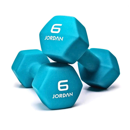 Jordan Neoprene Studio Hex Dumbbell pair in the colour teal at 6kg