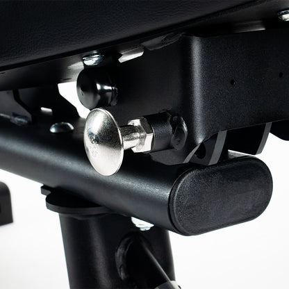 Jordan Fitness Adjustable Weight Bench Close Up Of The Pin Selector to Adjust The Angle Of The Seat 
