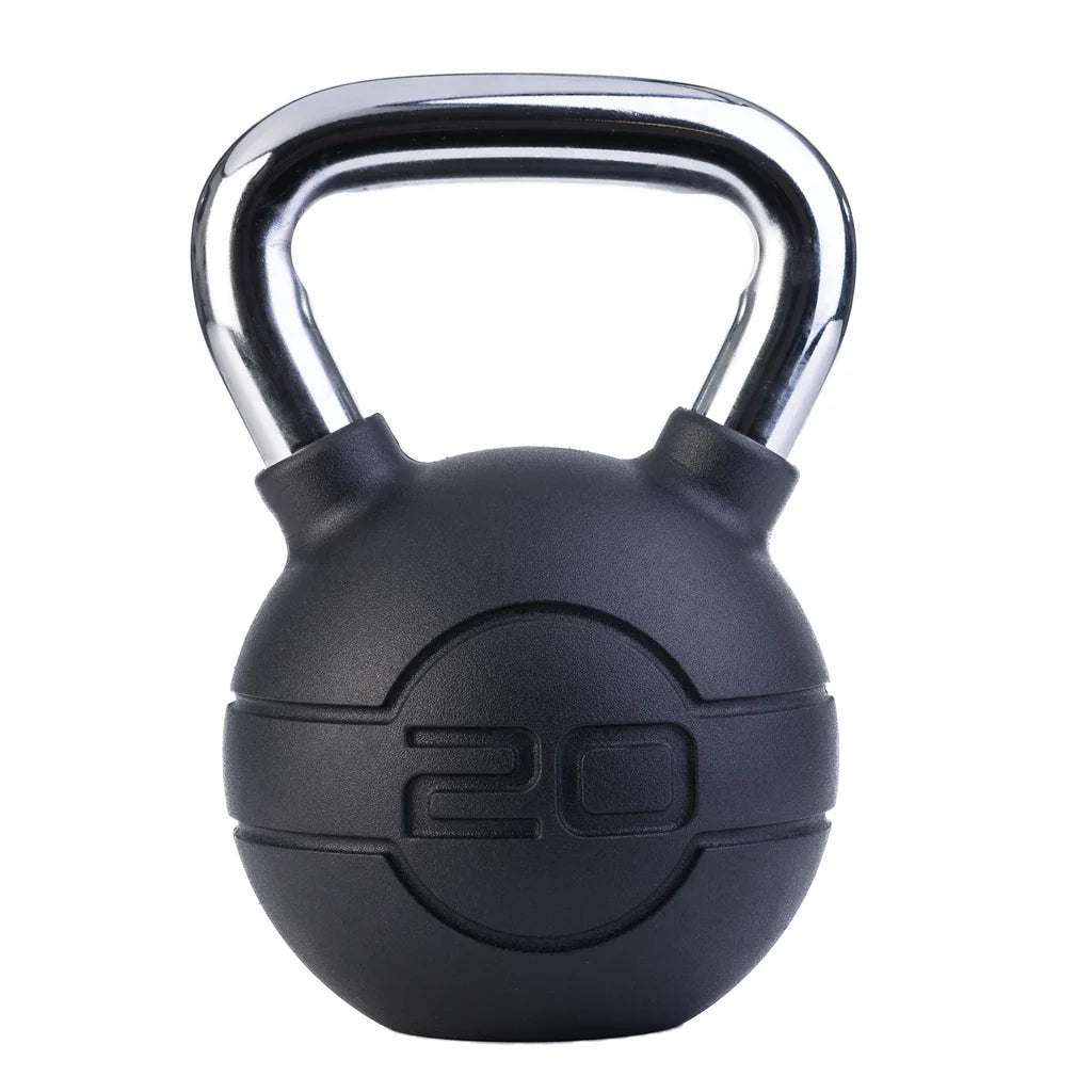 Jordan Fitness - Chrome/Rubber Kettlebells 20KG . black rubber bottom with a chrome handle 