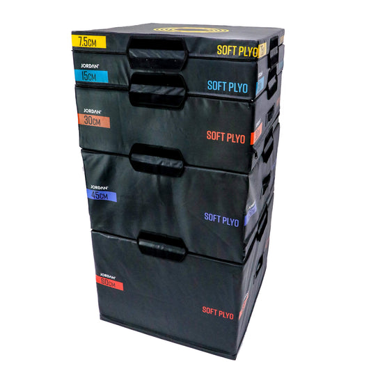 Jordan fitness Set of 5 Plyo Boxes stacked together. Made of high-density foam blocks covered in non-slip vinyl