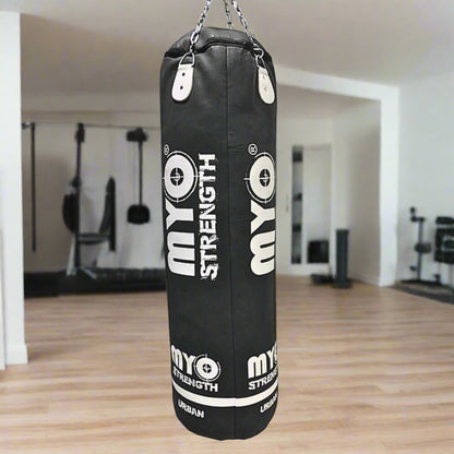 Myo Strength Punch Bag - 
 Heavy Duty Straigh 5ft - Leather in black and white in a home gym