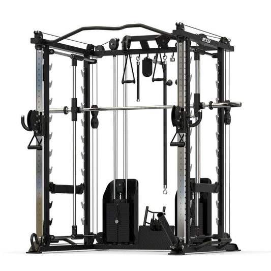 Myo Strength C9 Multi-Gym It is designed to save space and can be used for a wide range of workouts, thanks to its dual adjustable pulleys, 3D smith station, pulldown station, row station, landmine, band pegs, and battle rope kits.