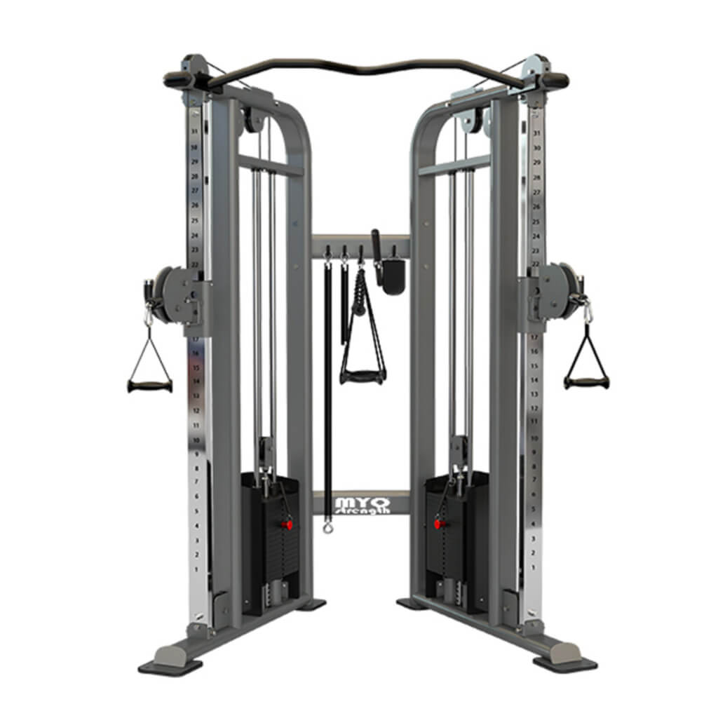 Myo Strength Dual Adjustable Pulley Cable Machine. The silver and black frames, along with high-quality upholstery, give these machines a sleek and stylish appearance. With x2 80kg weight stacks, easy adjustments, and durable features such as non-absorbing PVC grips, MYO Strength machines are an excellent choice for anyone looking for a reliable fitness experience.