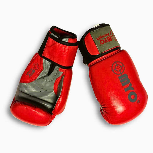 Myo Strength Leather Boxing Gloves - Red/Grey 12oz in red and grey