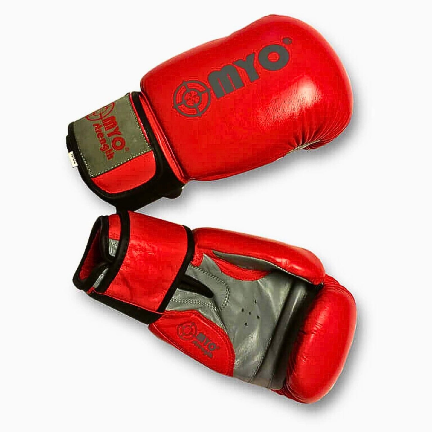 Myo Strength Leather Boxing Gloves - Red/Grey 14oz in red and grey