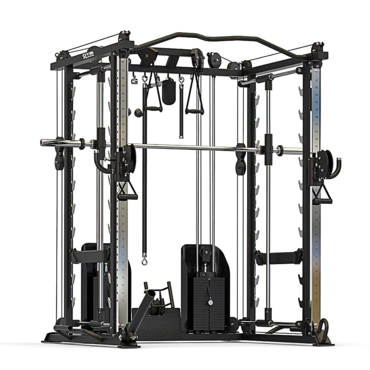 Myo Strength Multi-Gym with dual adjustable pulleys, a 3D smith station, pulldown station, row station, landmine, band pegs, and battle rope kits