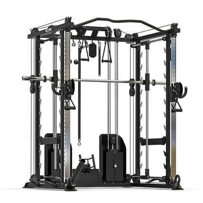 Myo Strength Multi-Gym with dual adjustable pulleys, a 3D smith station, pulldown station, row station, landmine, band pegs, and battle rope kits