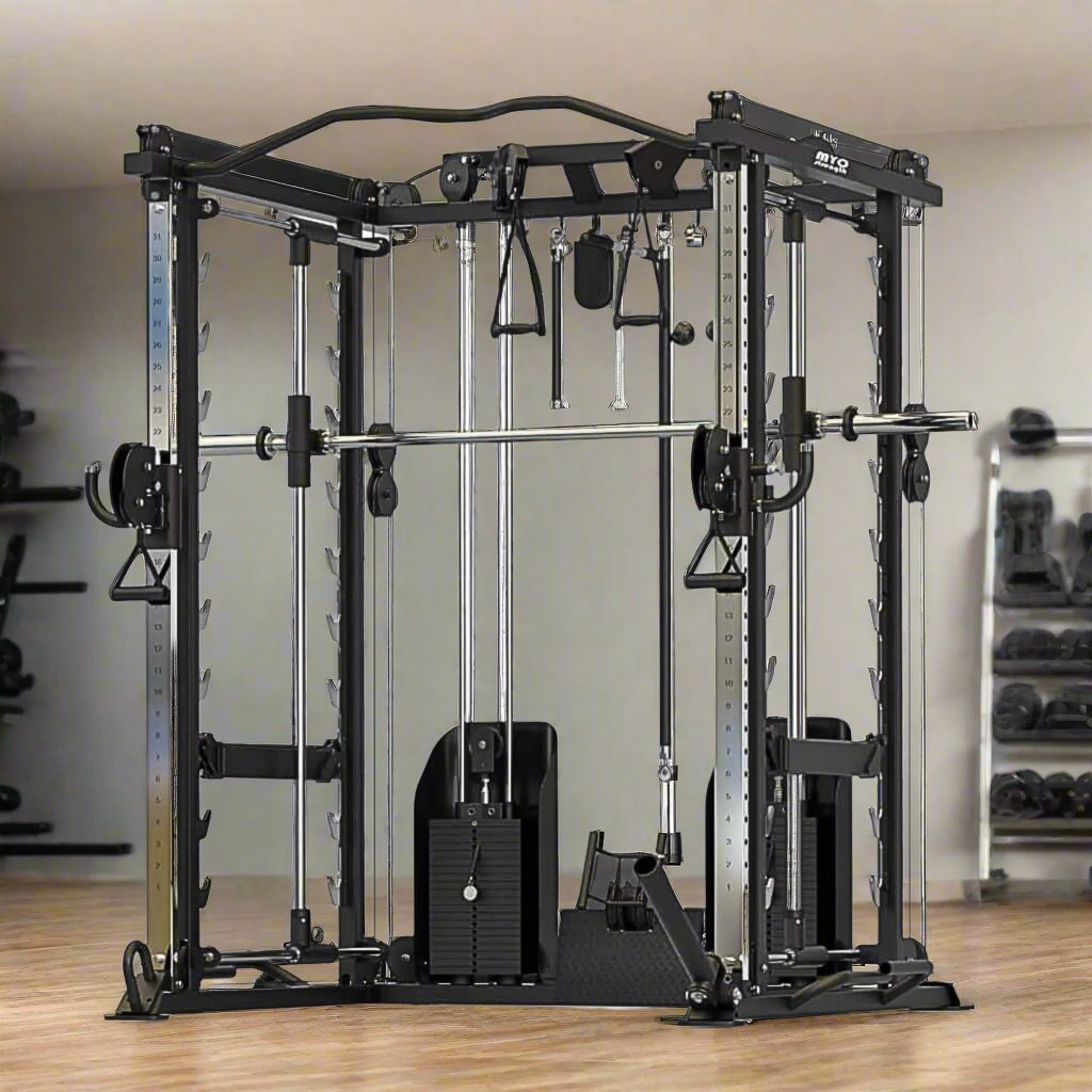 Myo Strength Multi-Gym with dual adjustable pulleys, a 3D smith station, pulldown station, row station, landmine, band pegs, and battle rope kits in a gym setting