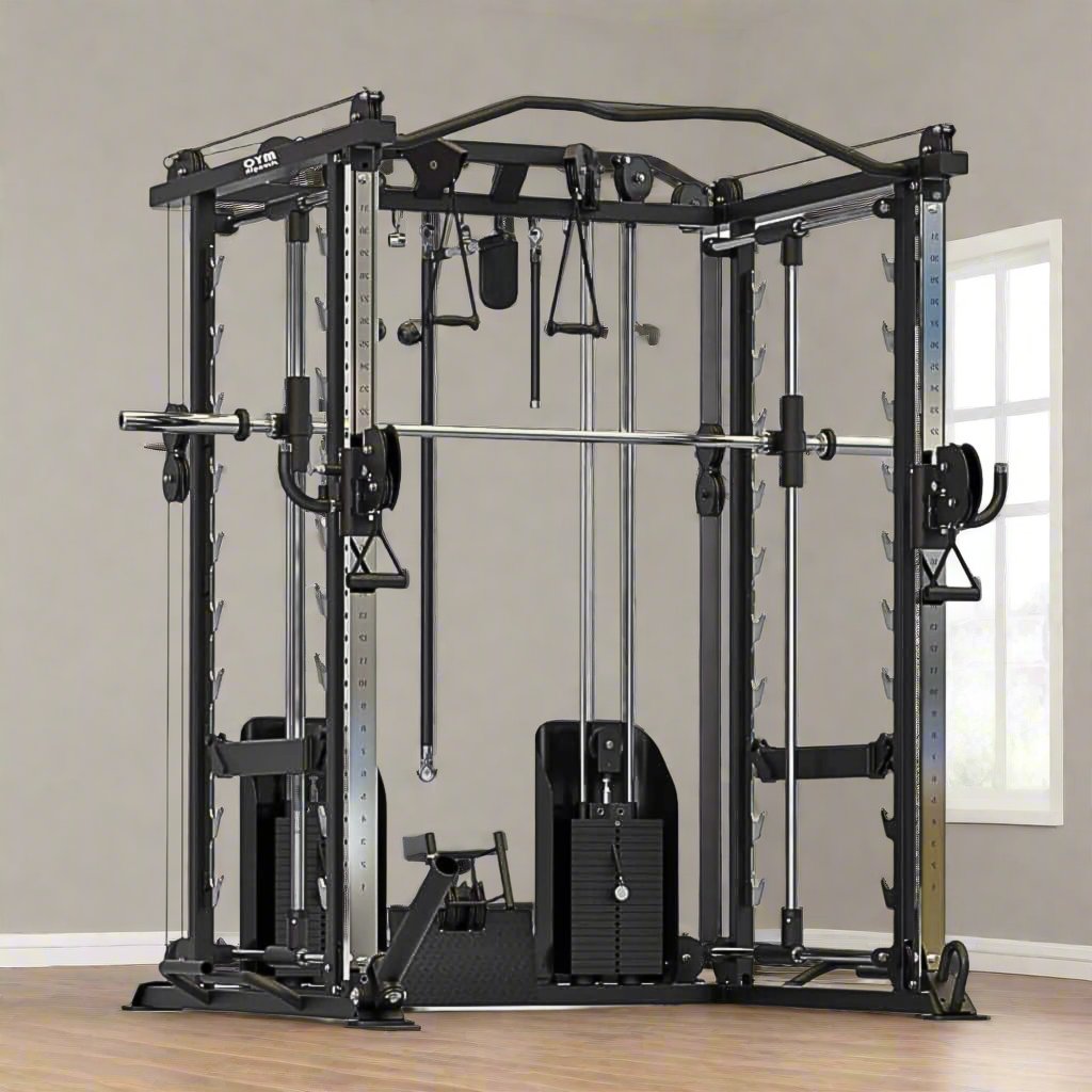 Myo Strength Multi-Gym with dual adjustable pulleys, a 3D smith station, pulldown station, row station, landmine, band pegs, and battle rope kits in a home gym