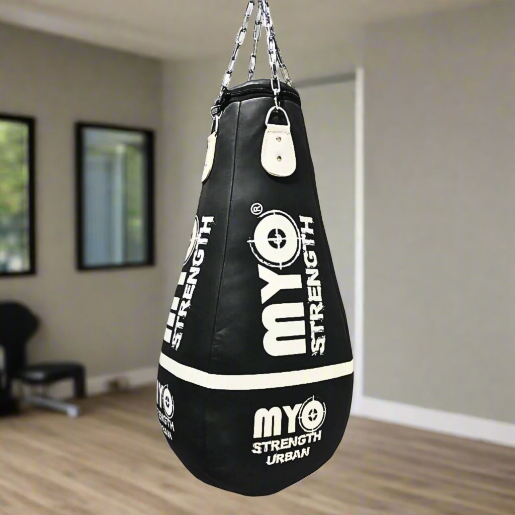 Myo Strength Punch Bag-UpperCut 3.5ft Leather - black and white in a home gym