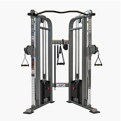 Myo Strength Dual Adjustable Pulley Cable Machine. The silver and black frames, along with high-quality upholstery, give these machines a sleek and stylish appearance. With x2 80kg weight stacks, easy adjustments, and durable features such as non-absorbing PVC grips, MYO Strength machines are an excellent choice for anyone looking for a reliable fitness experience.