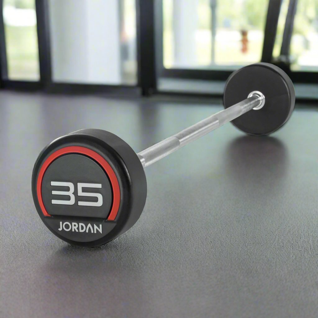 Jordan Fitness Rubber Barbells Straight Bar - Red - 35kg gym setting