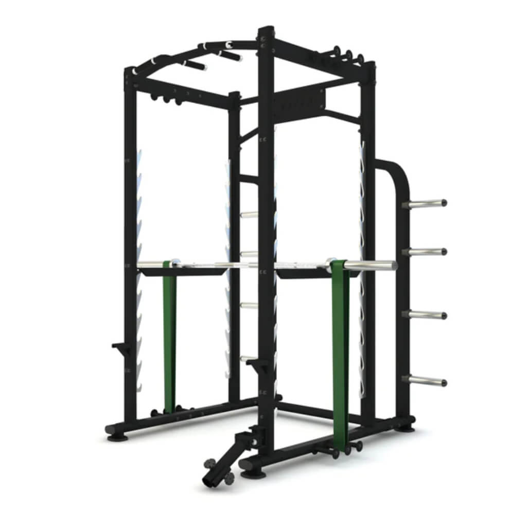 Power Rack with Attachments in black is versatile for an extensive range of upper-body and lower-body exercises, including squats, barbell bent-over rows, barbell curls, pull-ups, and overhead press.