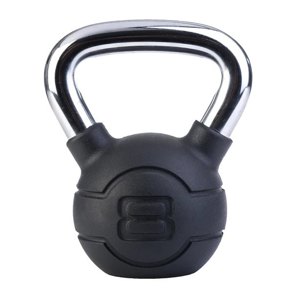 Jordan Fitness - Chrome/Rubber Kettlebells 8KG . black rubber bottom with a chrome handle 