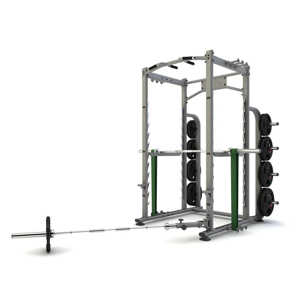 Power Rack with Attachments in grey  is versatile for an extensive range of upper-body and lower-body exercises, including squats, barbell bent-over rows, barbell curls, pull-ups, and overhead press.